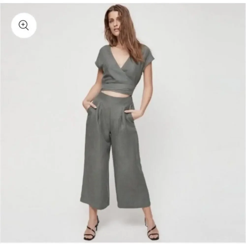 Aritzia Wilfred linen blend brax wrap wide leg jumpsuit olive green size 2